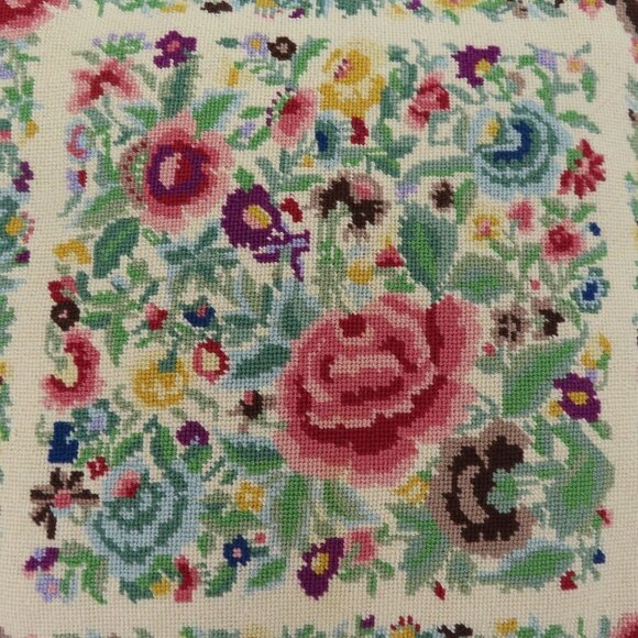 Handmade Multicolor Flower Floral Needlepoint Purple Back Throw Accent Pillow - Picture 2 of 13